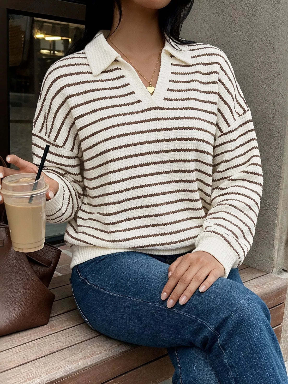Striped Polo Collar Knit Sweatshirt - Lilixa.store
