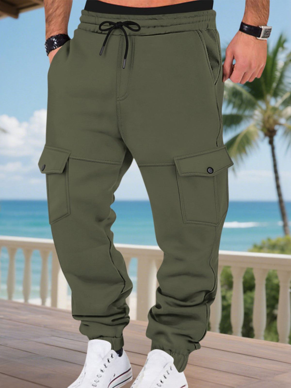 Men's Full Size Cargo Joggers with Multi-Pockets Plus Size in Military Green