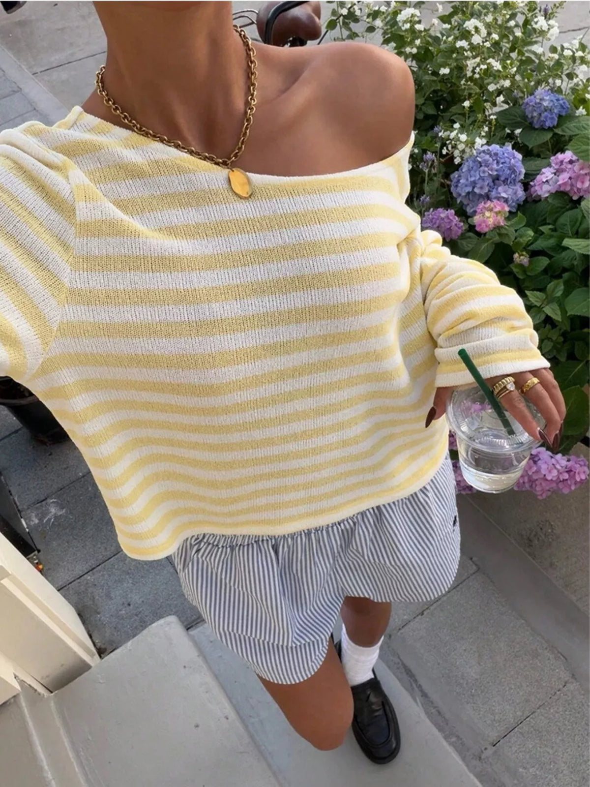 Boat Neck Striped Long Sleeve T-Shirt