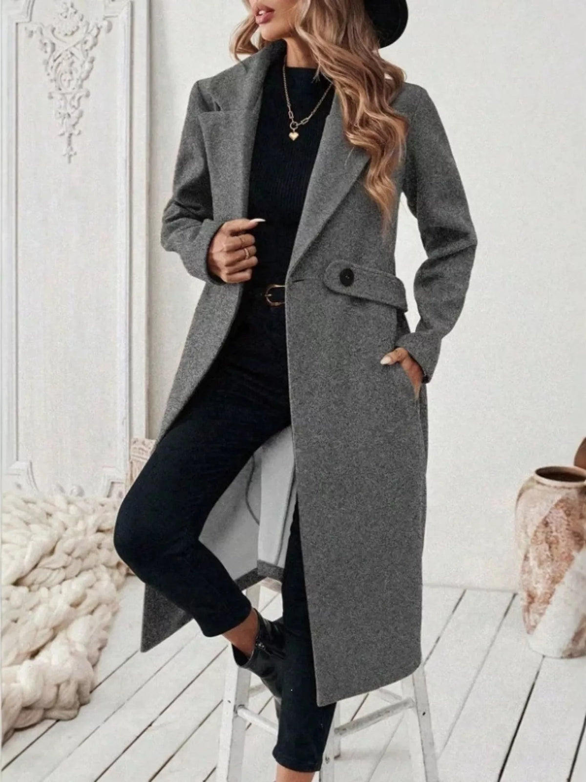 Full Size Elegant Lapel Collar Belted Coat with Pockets Plus Size, view 2