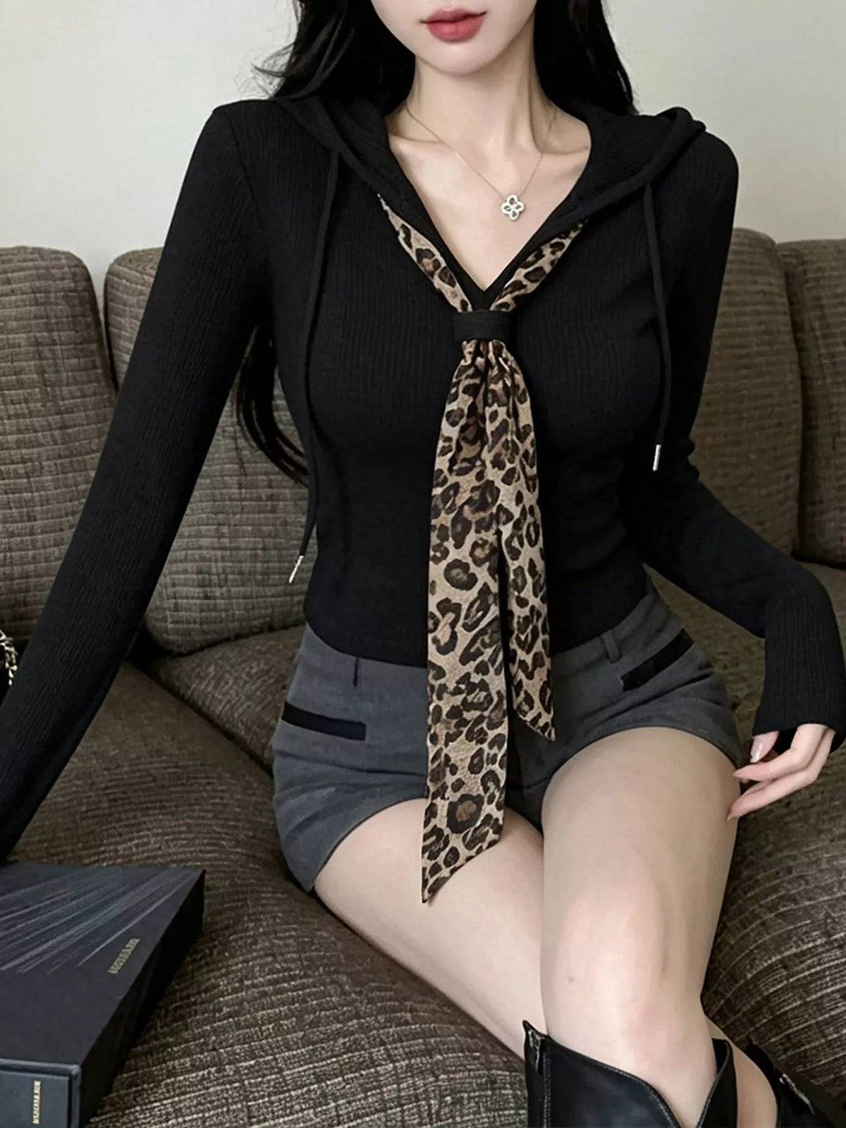 Long Sleeve Hooded T-Shirt with Leopard Scarf Detail - Lilixa.store