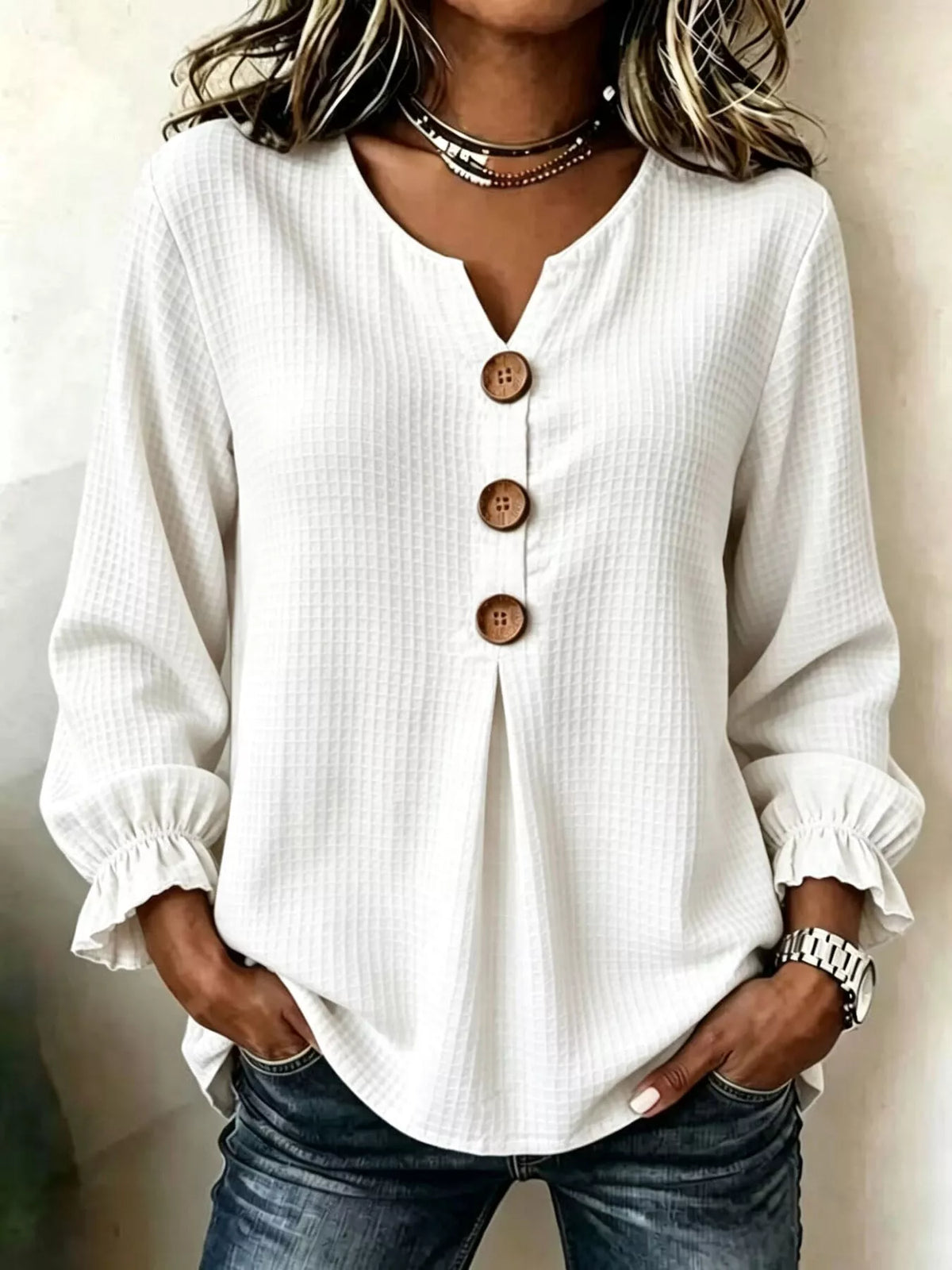 Waffle Knit Long Sleeve Top - Lilixa.store