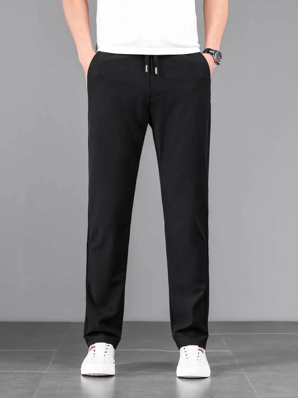 Men's Plus Size Casual Drawstring Straight-Leg Pants in Black