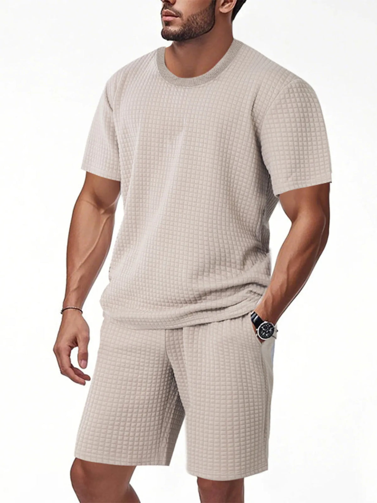 Men's Full Size Textured Round Neck Top and Shorts Set Plus SIze in Khaki