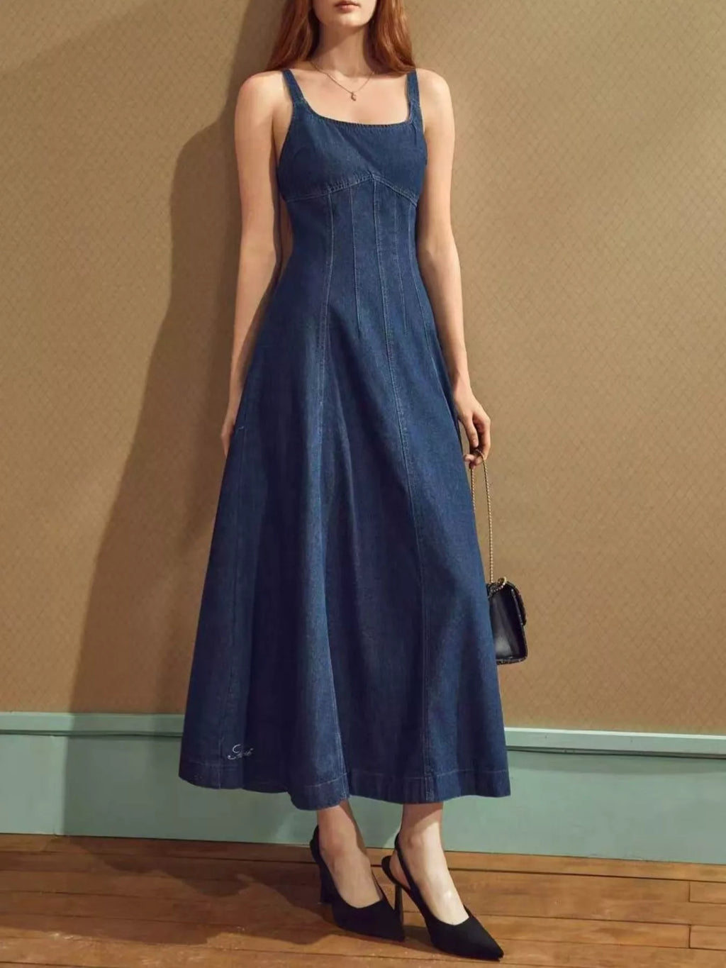 Square Neck A-Line Denim Dress - Lilixa.store