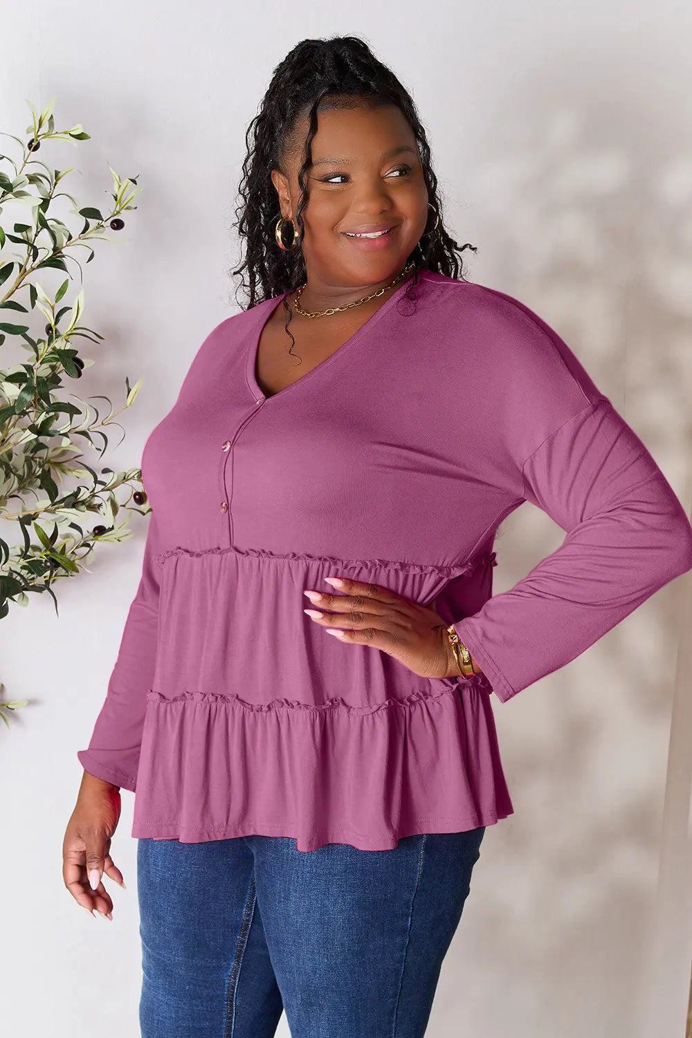 Double Take Half Button Long Sleeve Ruffle Hem Blouse - Lilixa.store