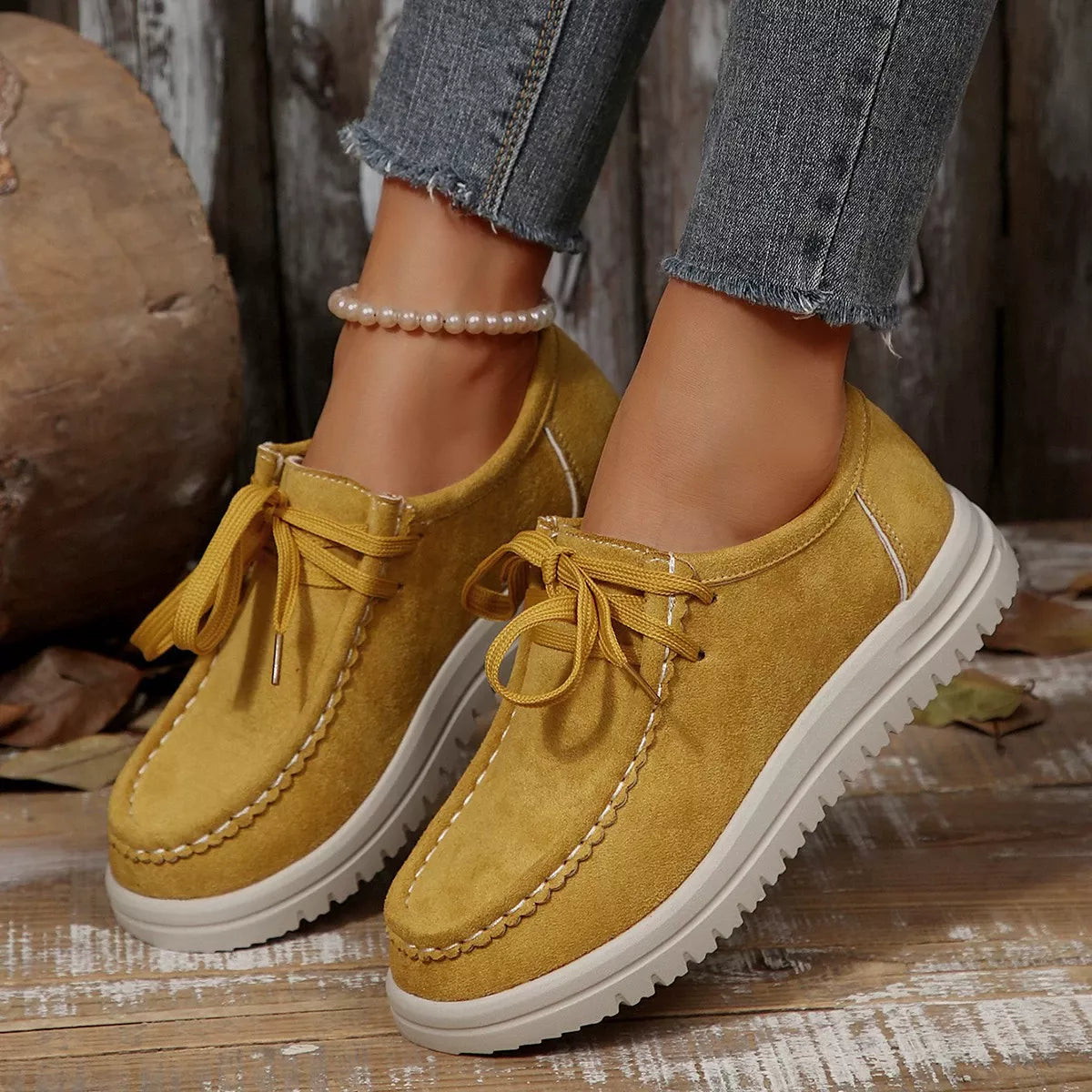 Lace-Up Round Toe Loafers in Yellow