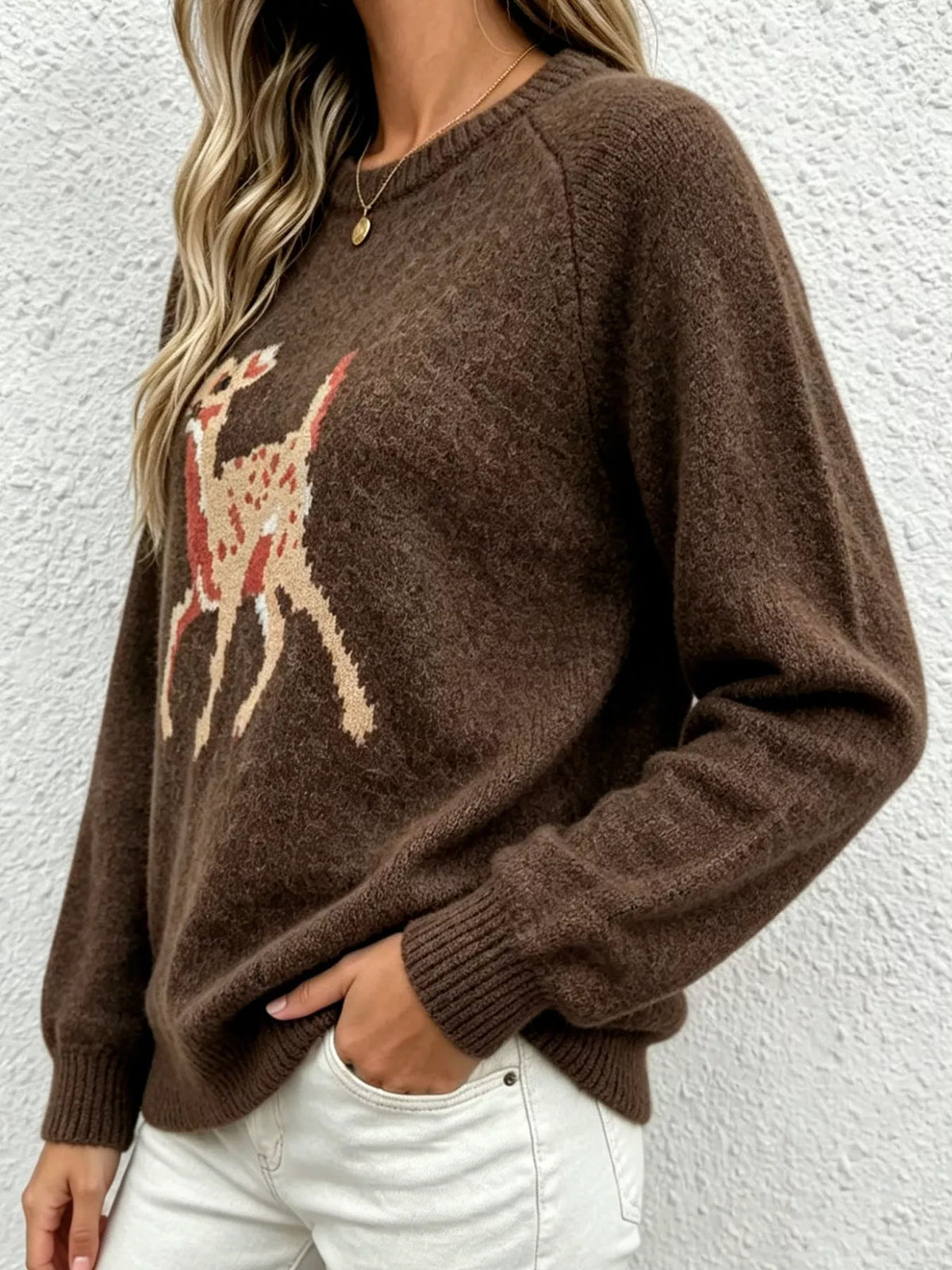 Deer Pattern Raglan Sleeve Sweater - Lilixa.store