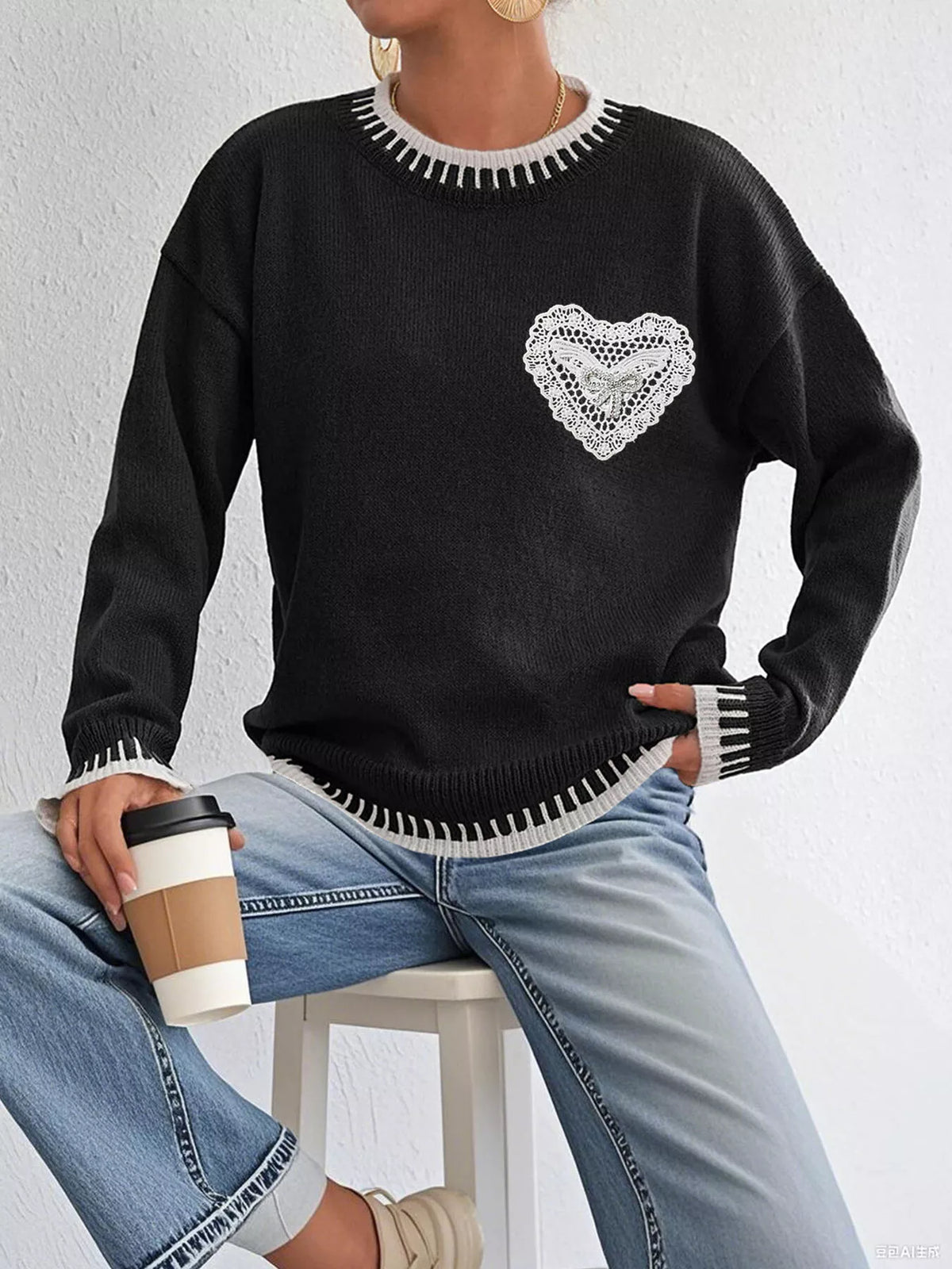 Lace Heart Contrast Trim Sweater