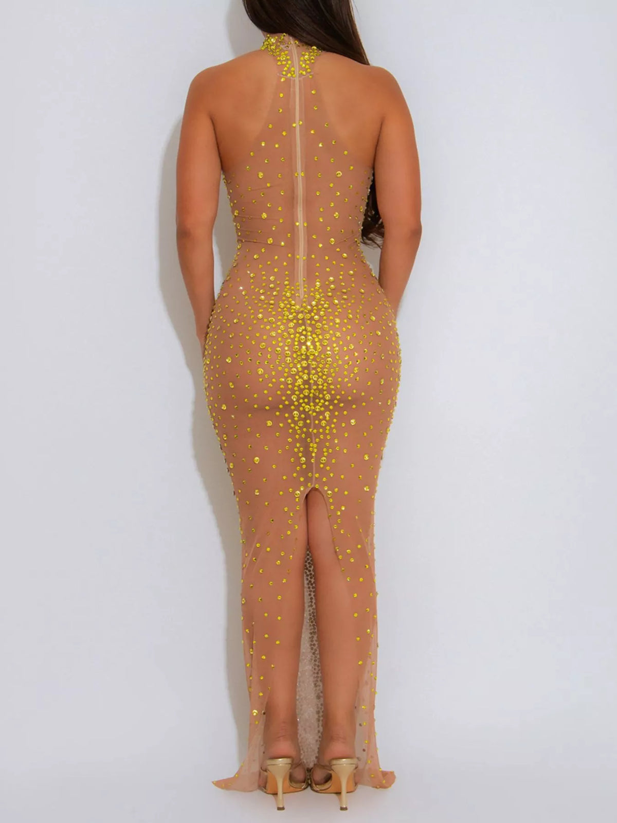 Rhinestone Embellished Mesh Dress with Back Slit in Gold, view 2