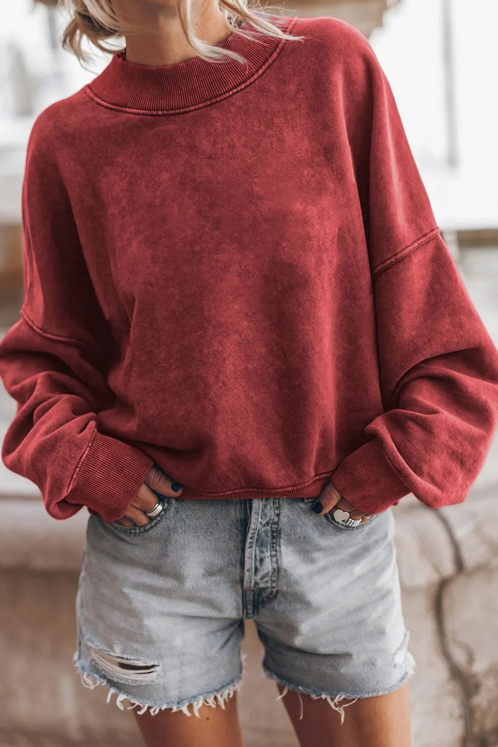 Mock Neck Dropped Shoulder Sweatshirt - Lilixa.store