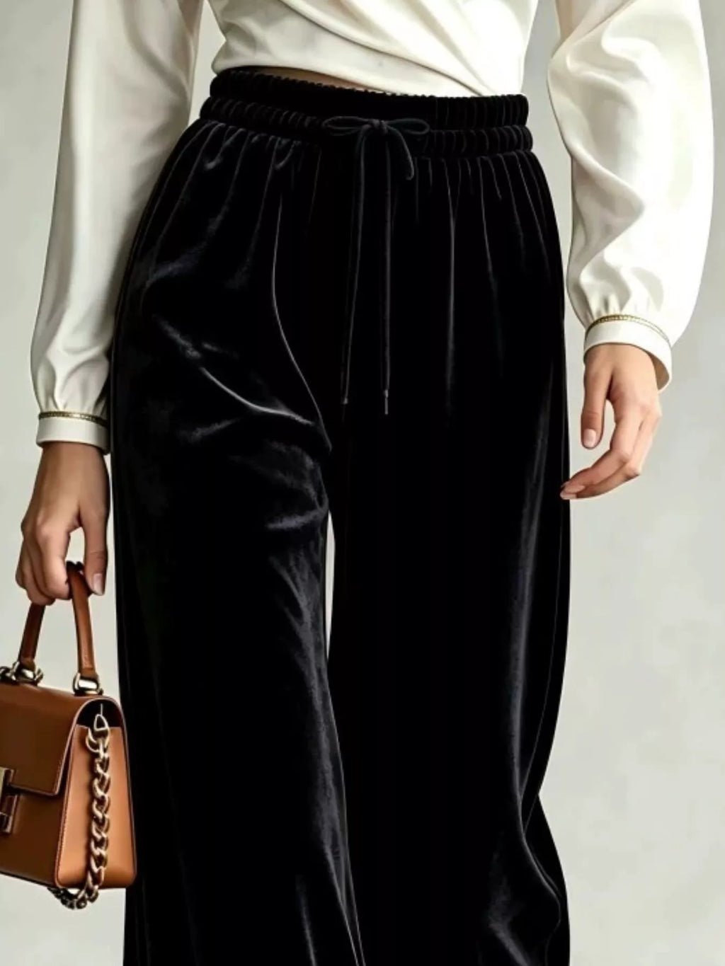 Velvet Wide-Leg Pants with Drawstring - Lilixa.store