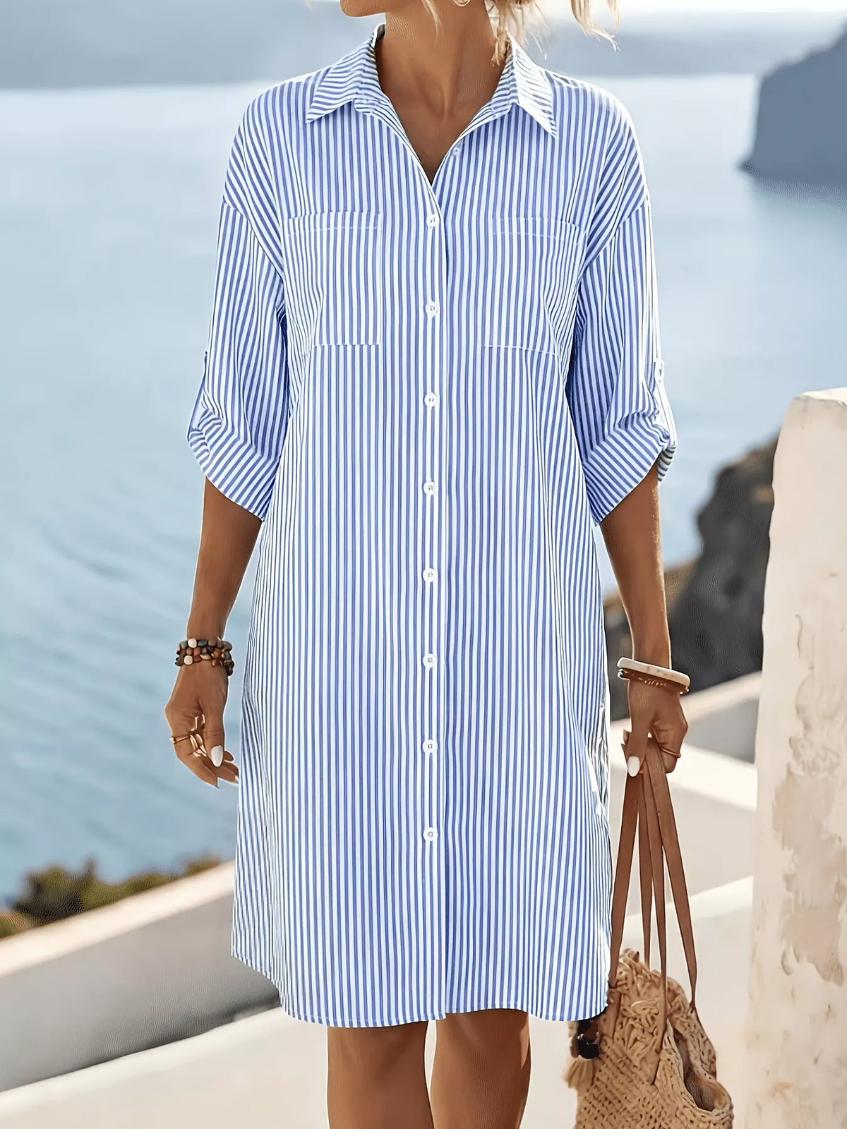 Striped Button-Down Shirt Dress in Light Blue, view 2