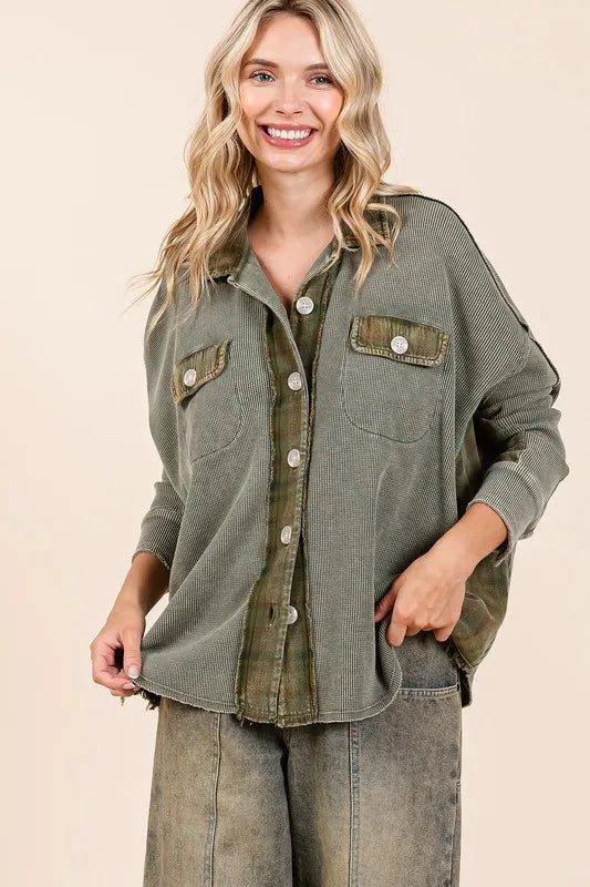 Mittoshop Mineral Washed Plaid Button Down Shacket in Olive, view 2