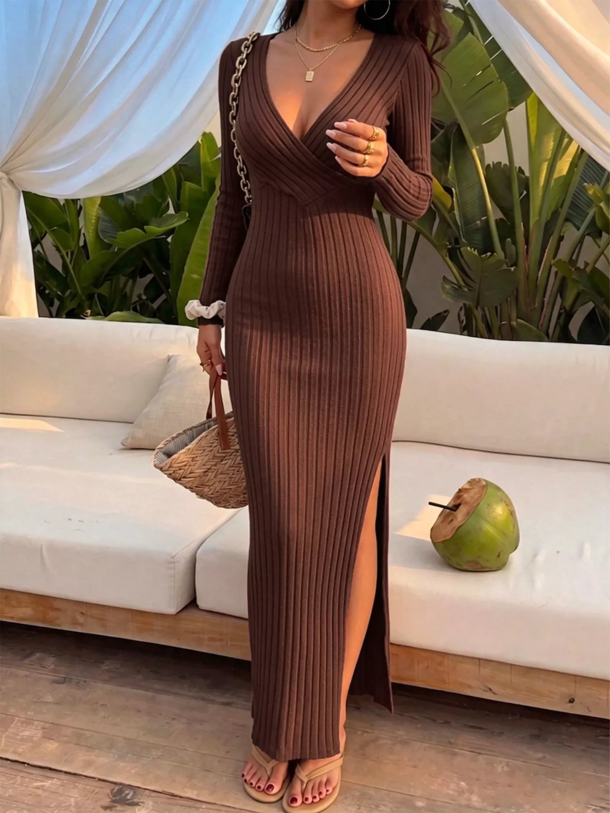 Slit Long Sleeve Ribbed Knit Maxi Dress - Lilixa.store