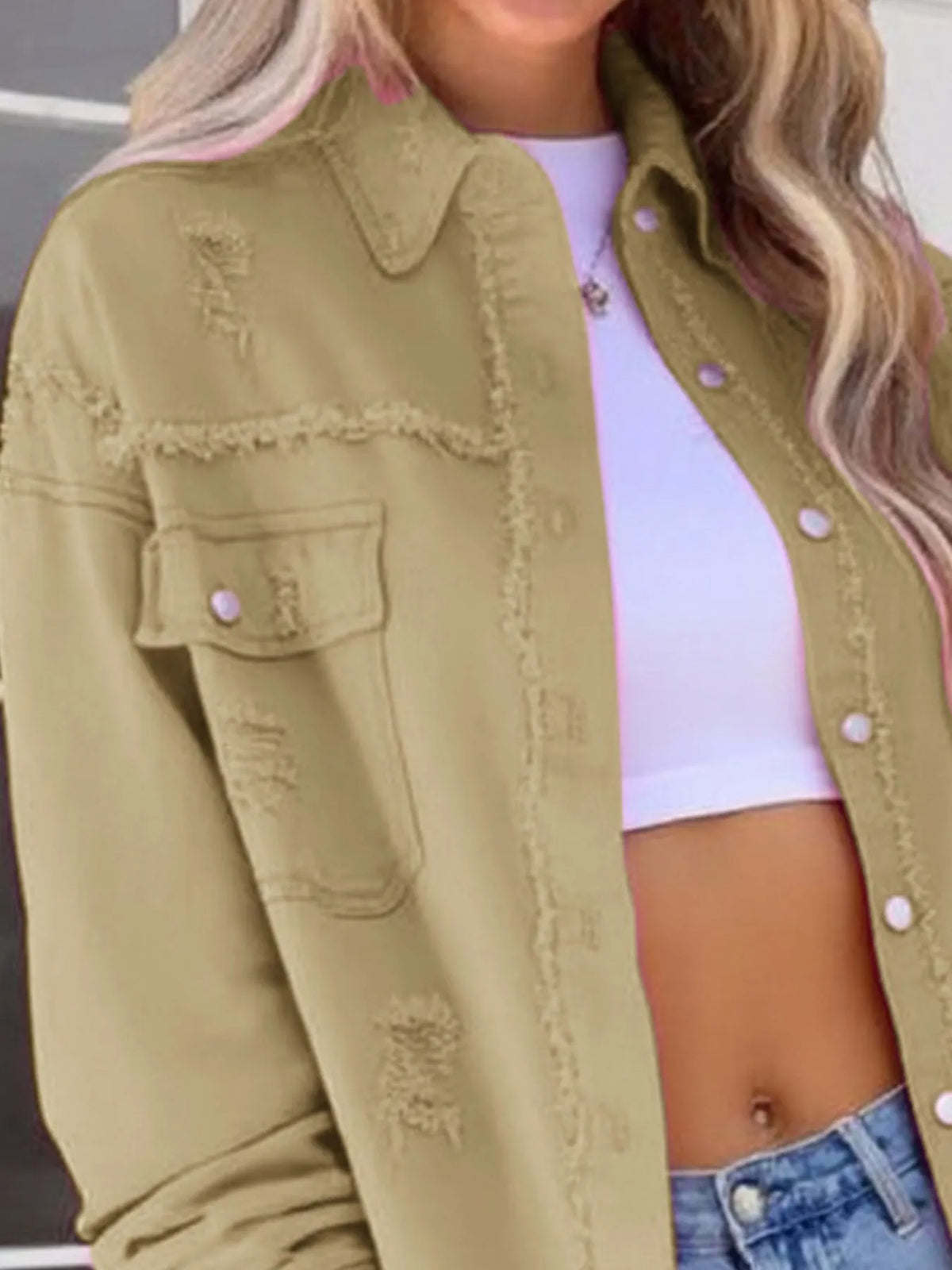 Distressed Denim Jacket with Frayed Edges - Lilixa.store