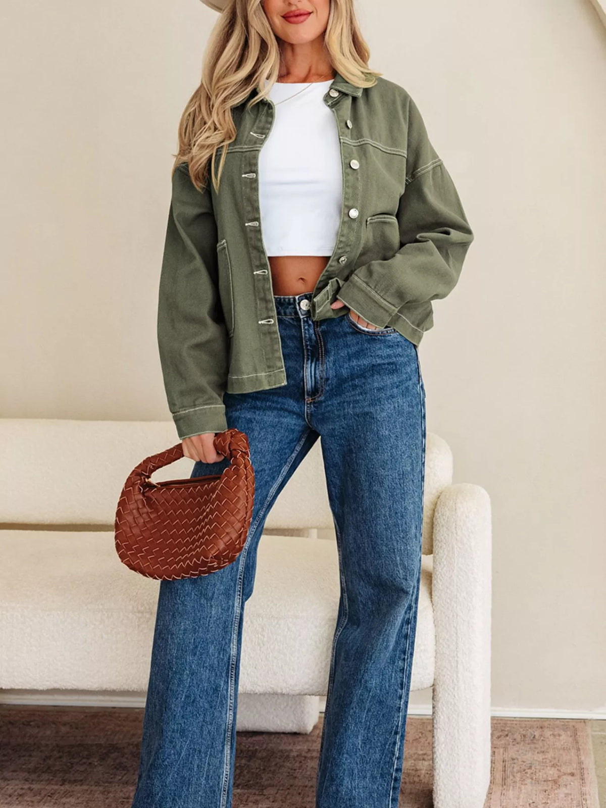 Patched Pocket Collared Button Front Boyfriend Denim Jacket in Moss, view 5