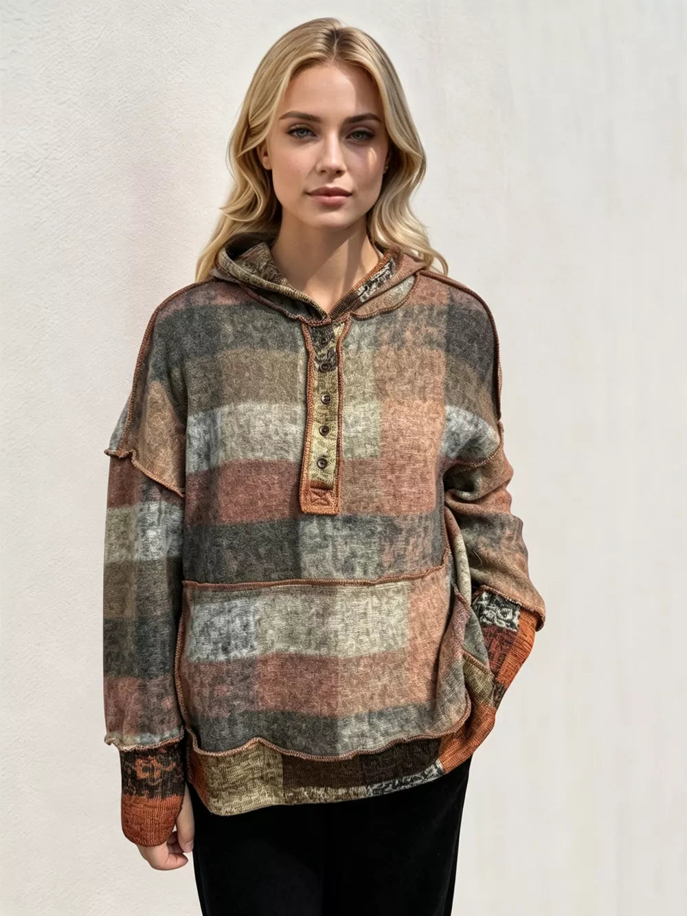 Double Take Full Size Plaid Dropped Shoulder Fleece Hoodie Plus Size - Lilixa.store