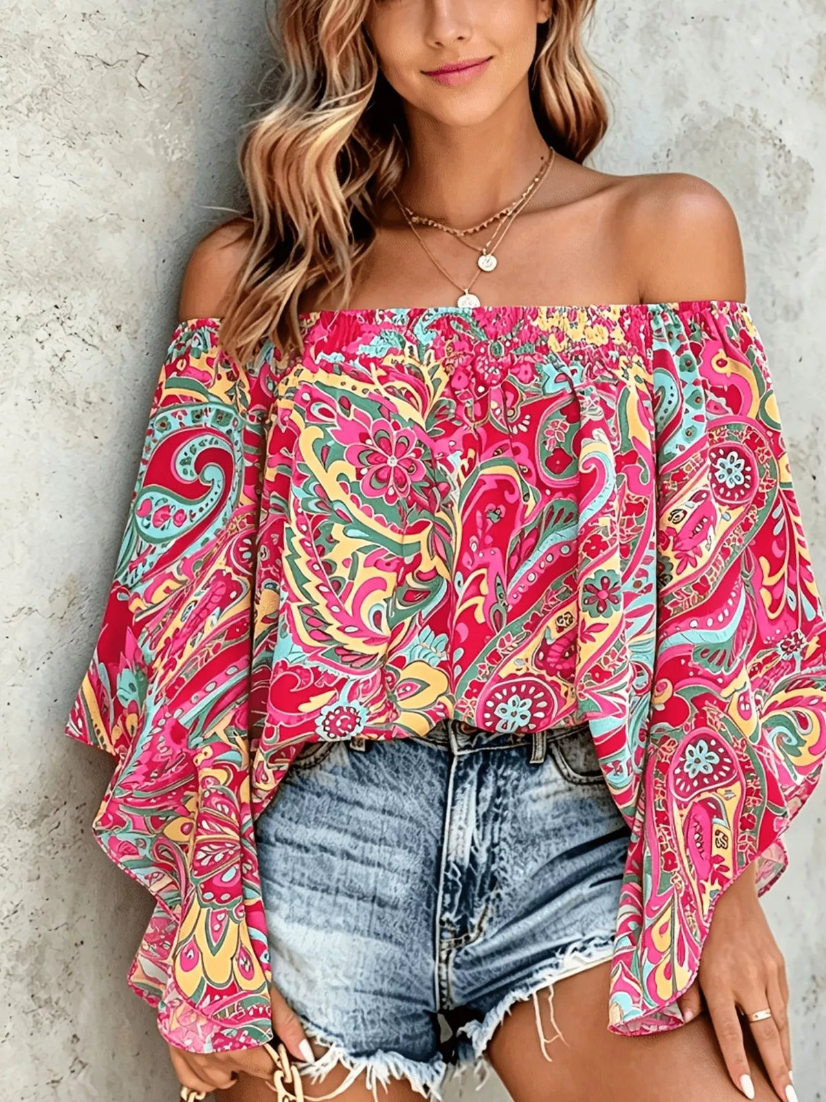 Printed Off Shoulder Blouse in Pink