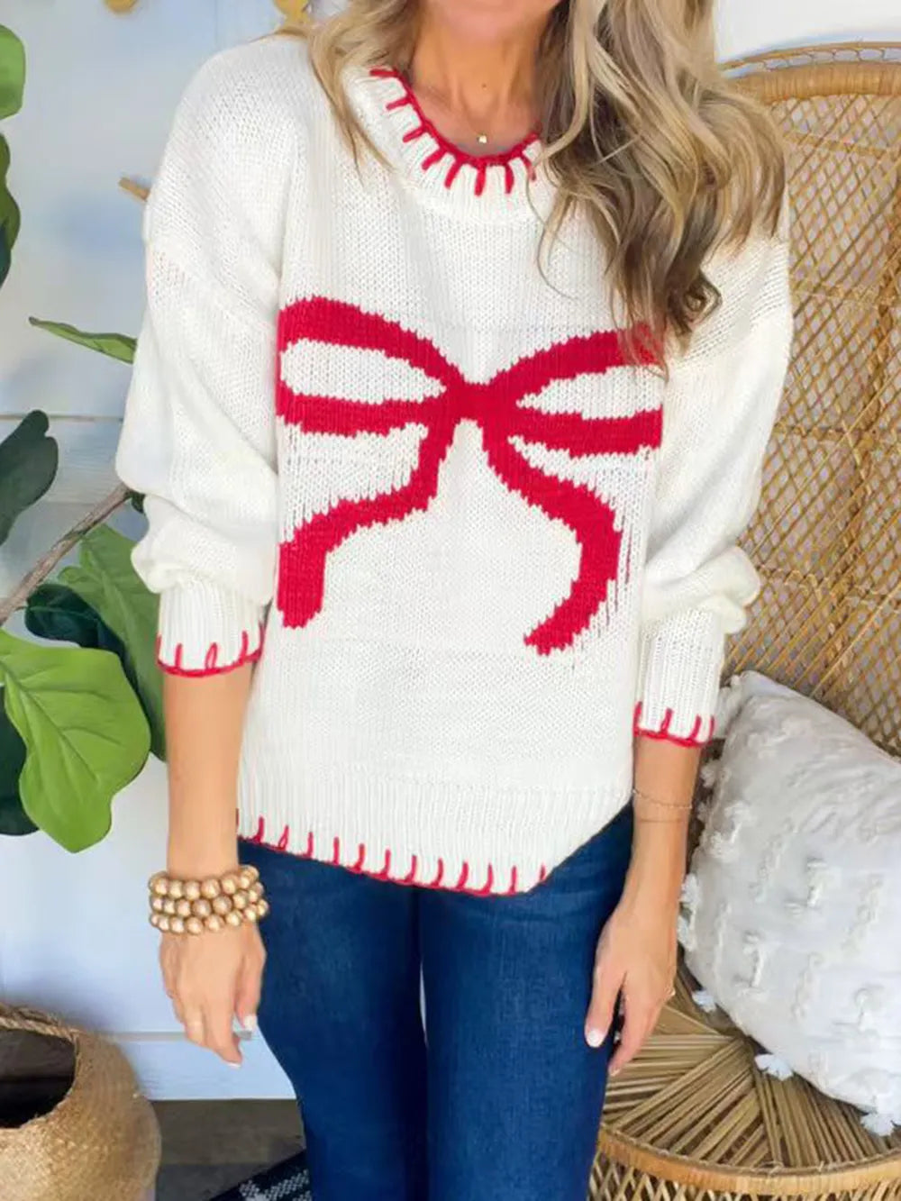 Bow Round Neck Long Sleeve Sweater - Lilixa.store