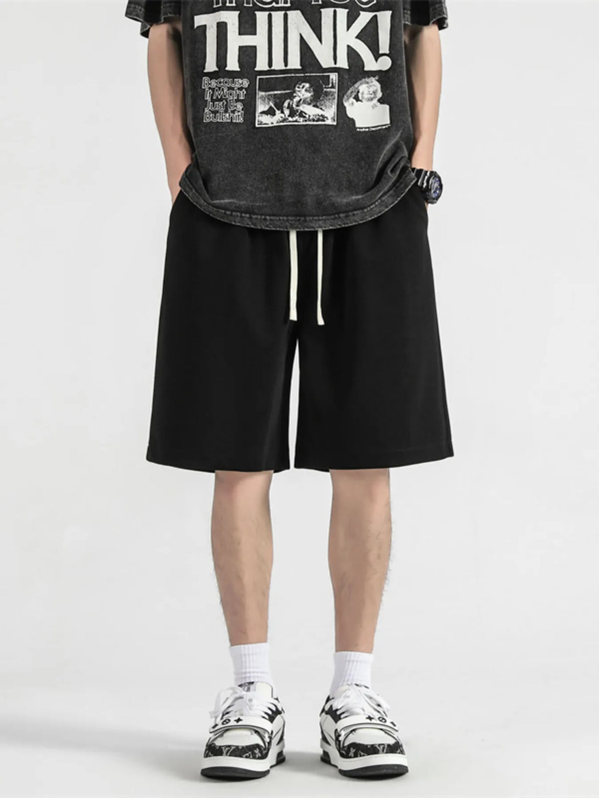 Men's Full Size Casual Loose-Fit Drawstring Shorts Plus Size in Black