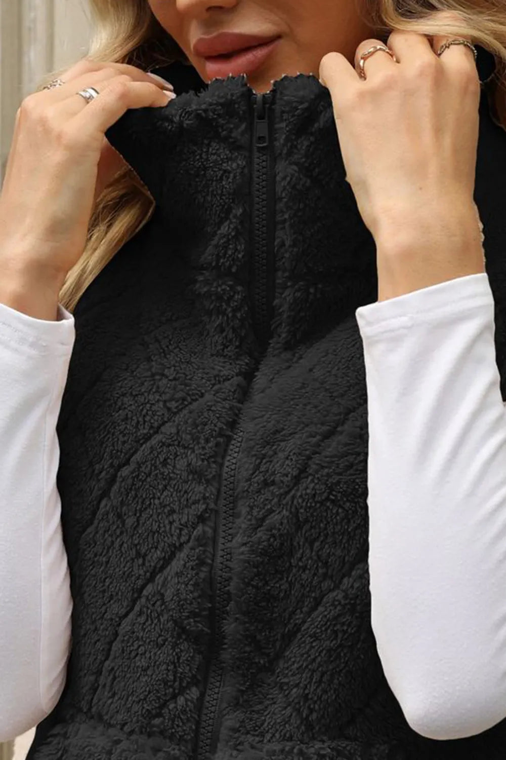 Fuzzy Plaid Texture Zip Up Vest Coat, view 7