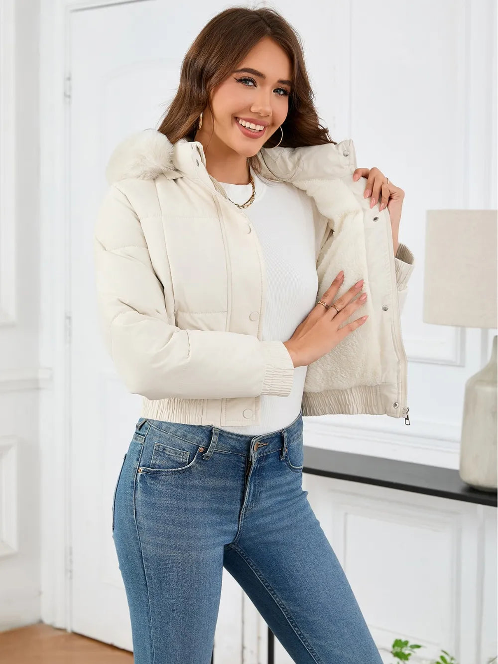 Pocketed Long Sleeve Cropped Hooded Winter Coat - Lilixa.store