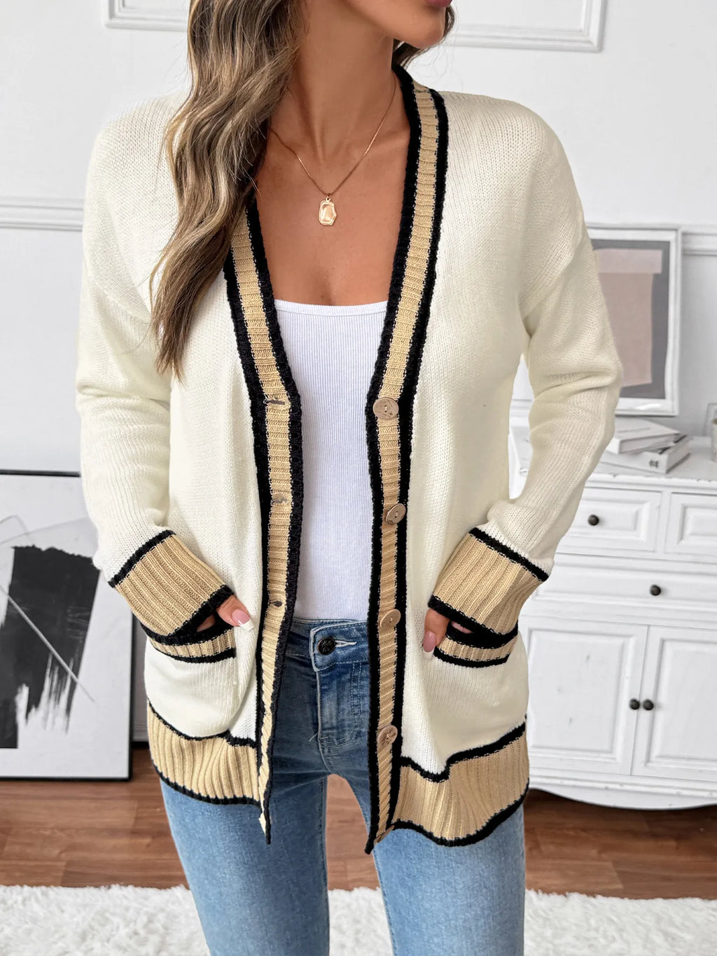 Contrast Trim Button Up Knit Cardigan - Lilixa.store