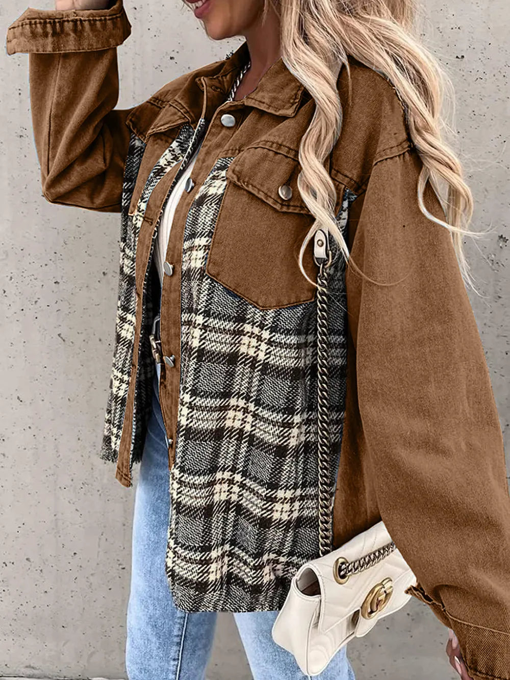 Plaid Button Up Dropped Shoulder Jacket, view 18