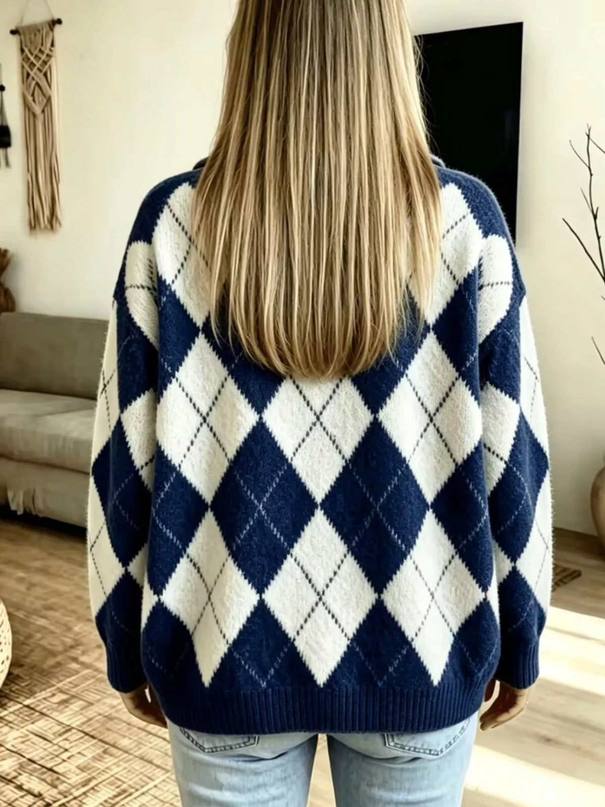 Argyle Pattern Collared Pullover Sweater, view 4