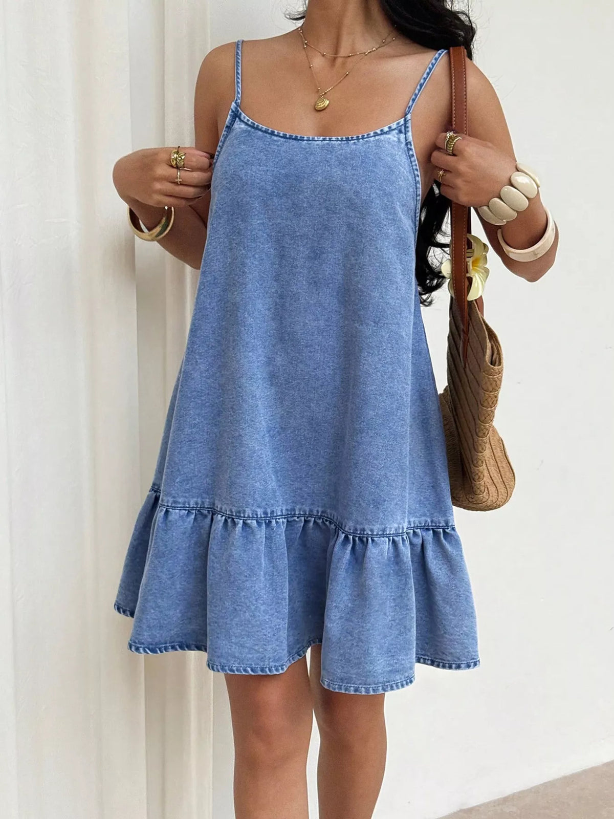 Casual Spaghetti Strap Ruffle Hem Denim Dress in Blue, view 3