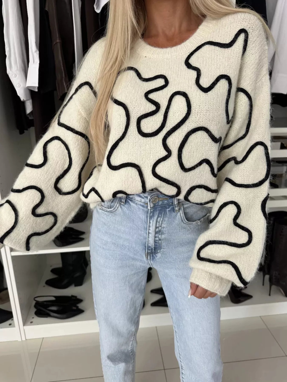 Abstract Pattern Oversized Round Neck Sweater in White