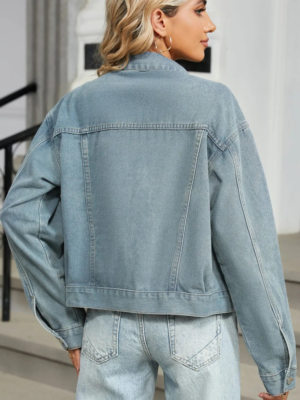 Rhinestone & Peal Trim Button Down Long Sleeve Denim Jacket, view 2