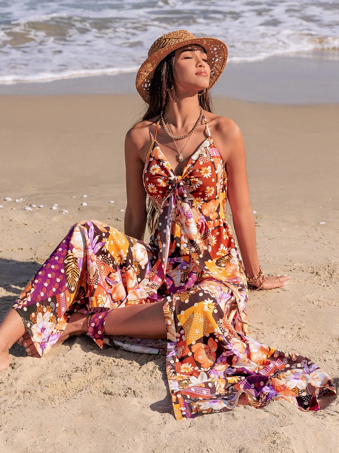 Slit Printed Halter Neck Cami Dress in Multicolor, view 5