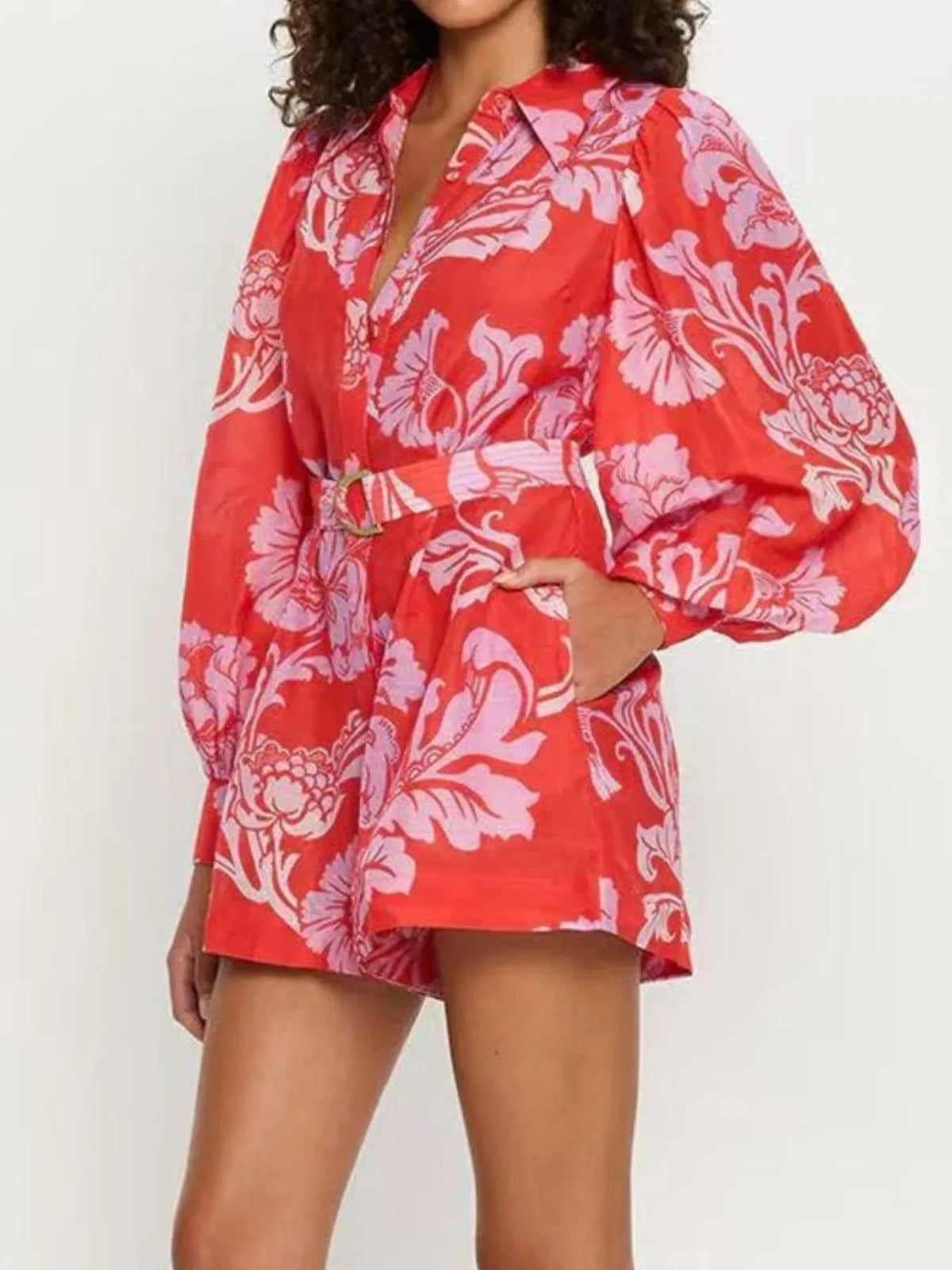 Printed Long Sleeve Belted Romper - Lilixa.store