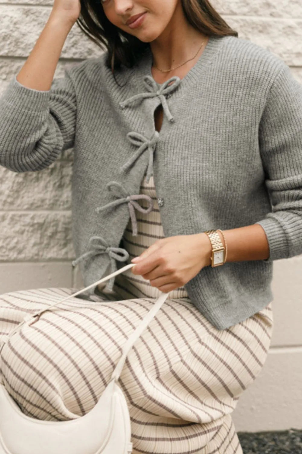 Bow Round Neck Long Sleeve Cardigan - Lilixa.store