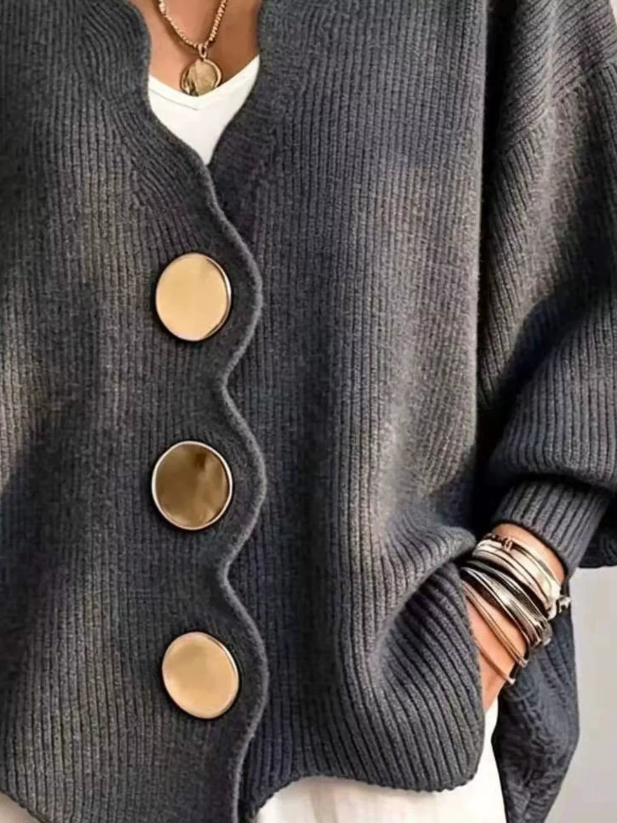 Full Size Scalloped-Edge Oversized Button-Down Cardigan Plus Size