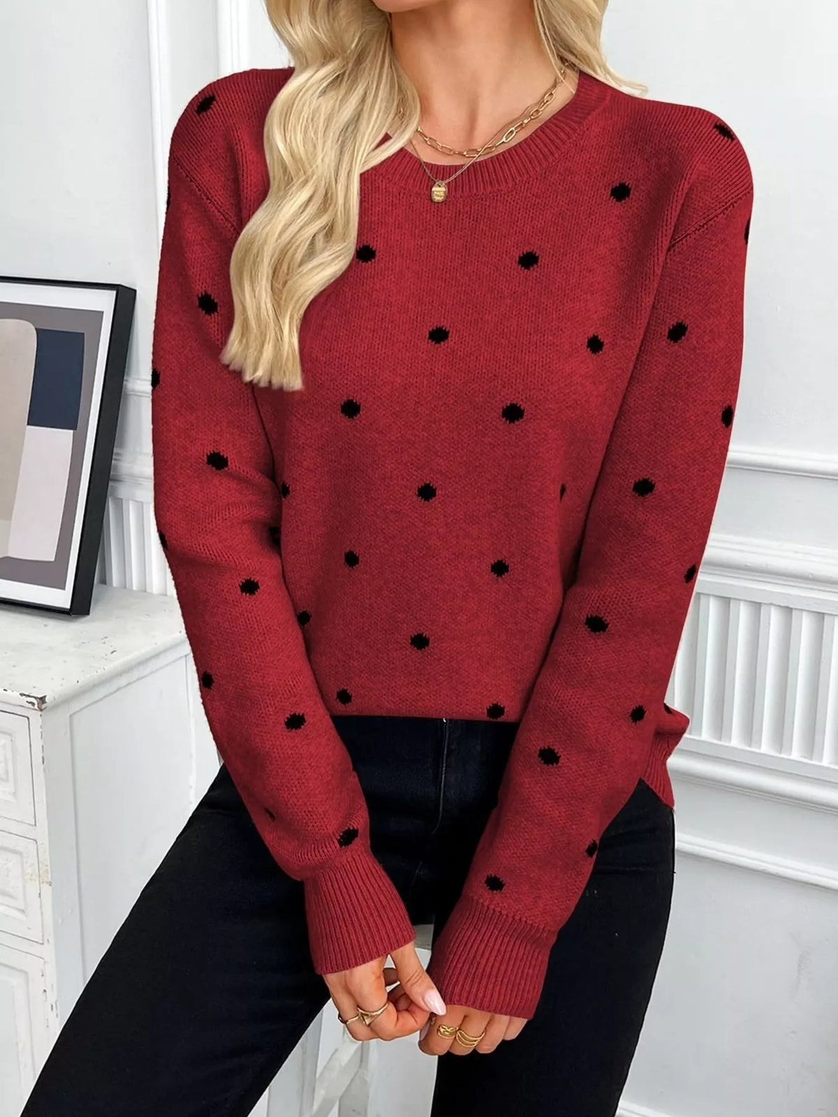 Polka Dot Crew Neck Sweater - Lilixa.store