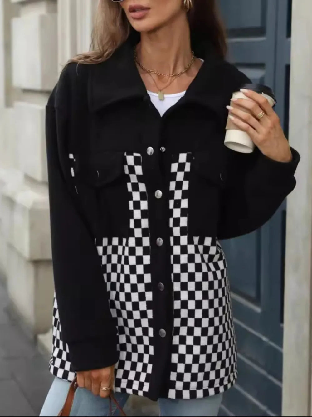 Checkered Snap Down Long Sleeve Jacket - Lilixa.store