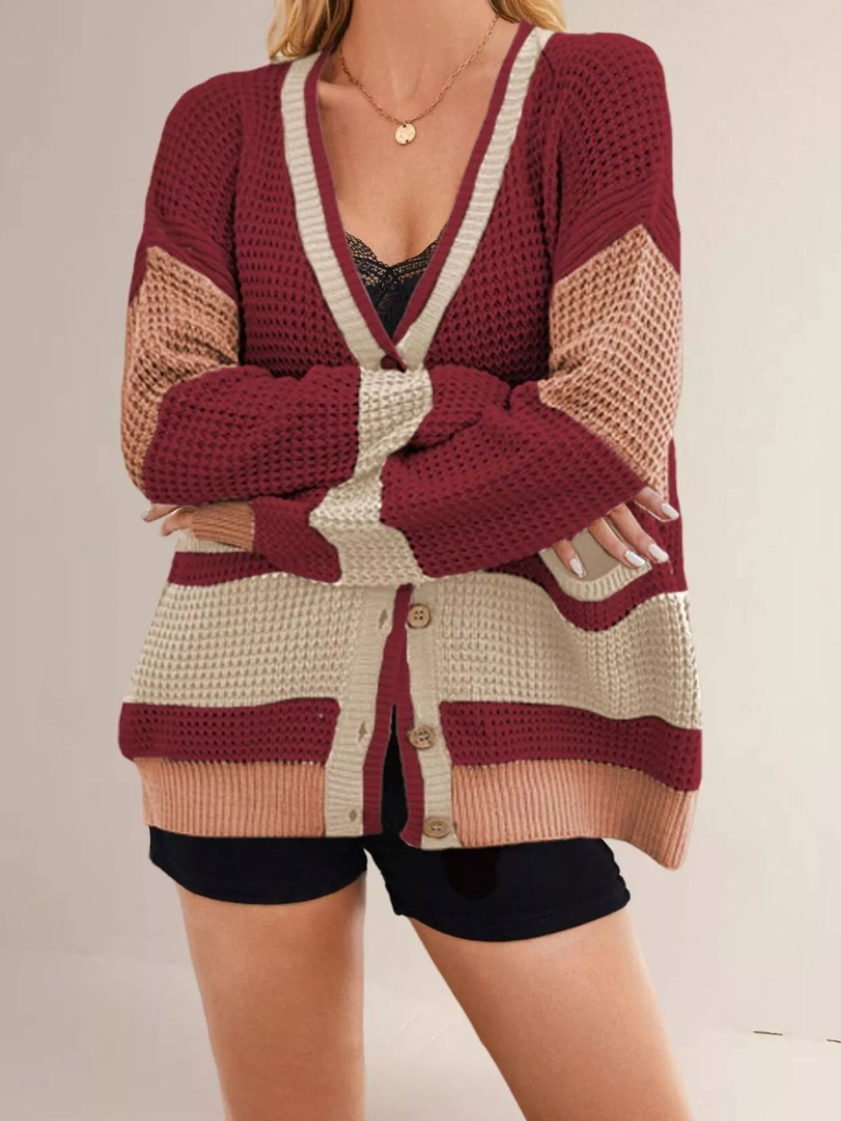 Color Block V-Neck Cardigan - Lilixa.store