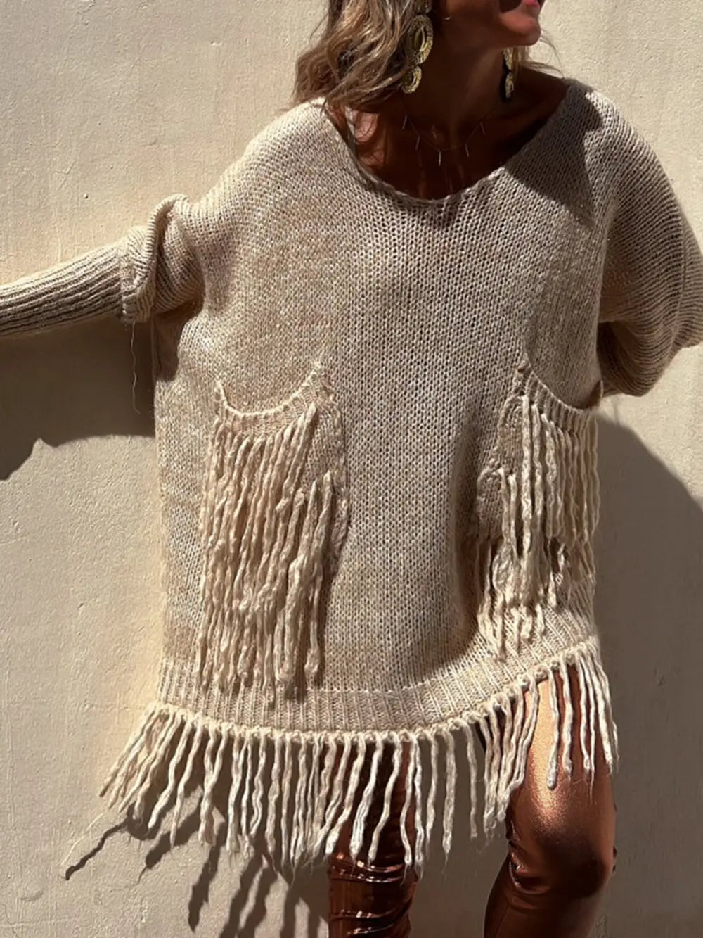 Fringe Detail Long Sleeve Sweater with Pockets in Camel