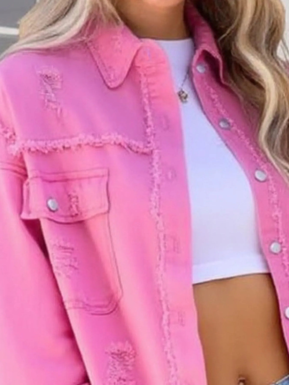 Distressed Denim Jacket with Frayed Edges - Lilixa.store