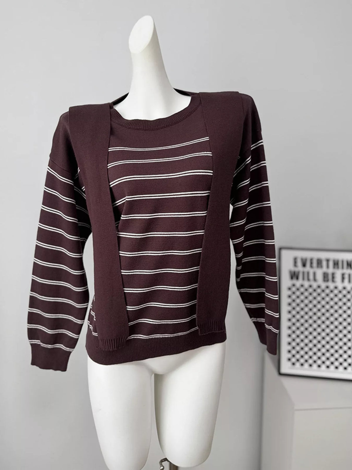 Classic Striped Crewneck Knit Top with Layered Sweater Detail, view 20