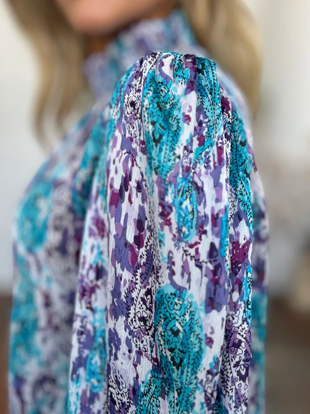 Double Take Full Size Printed Smocked Long Sleeve Blouse - Lilixa.store