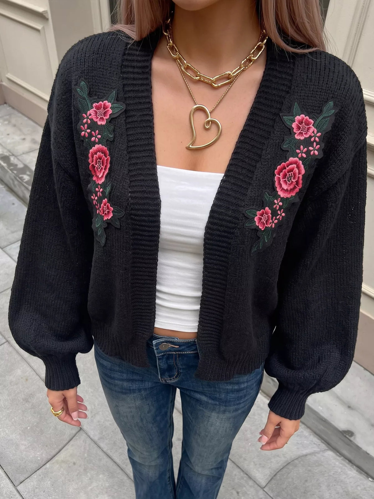 Floral Embroidered Applique Knit Cardigan in Black, view 2