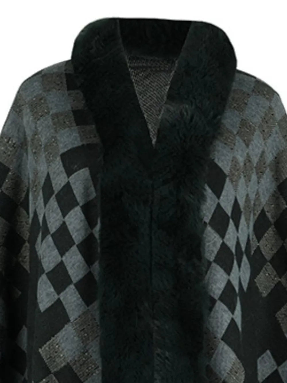 Fuzzy Checkered Long Sleeve Poncho - Lilixa.store