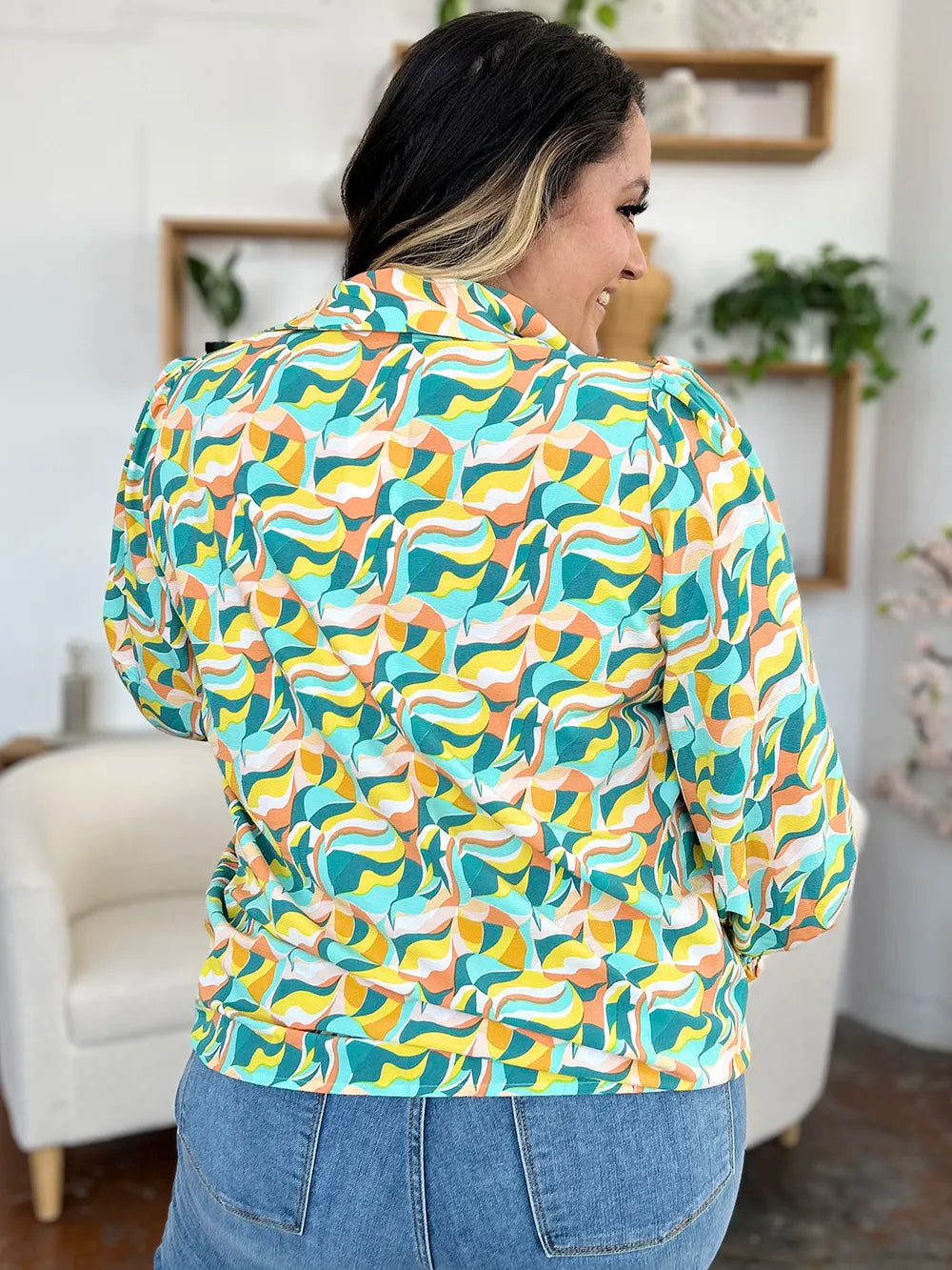 Double Take Full Size Printed Smocked Long Sleeve Blouse - Lilixa.store