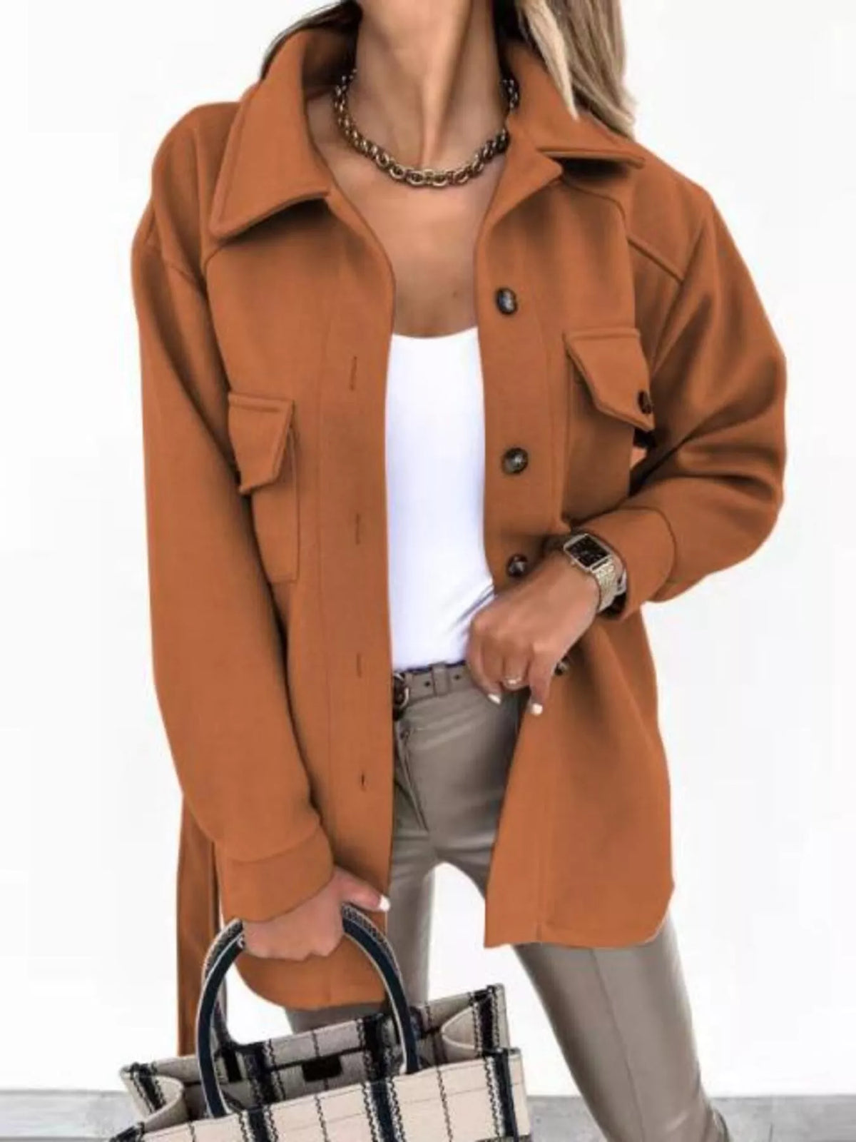 Button-Down Tie Waist Coat in Caramel