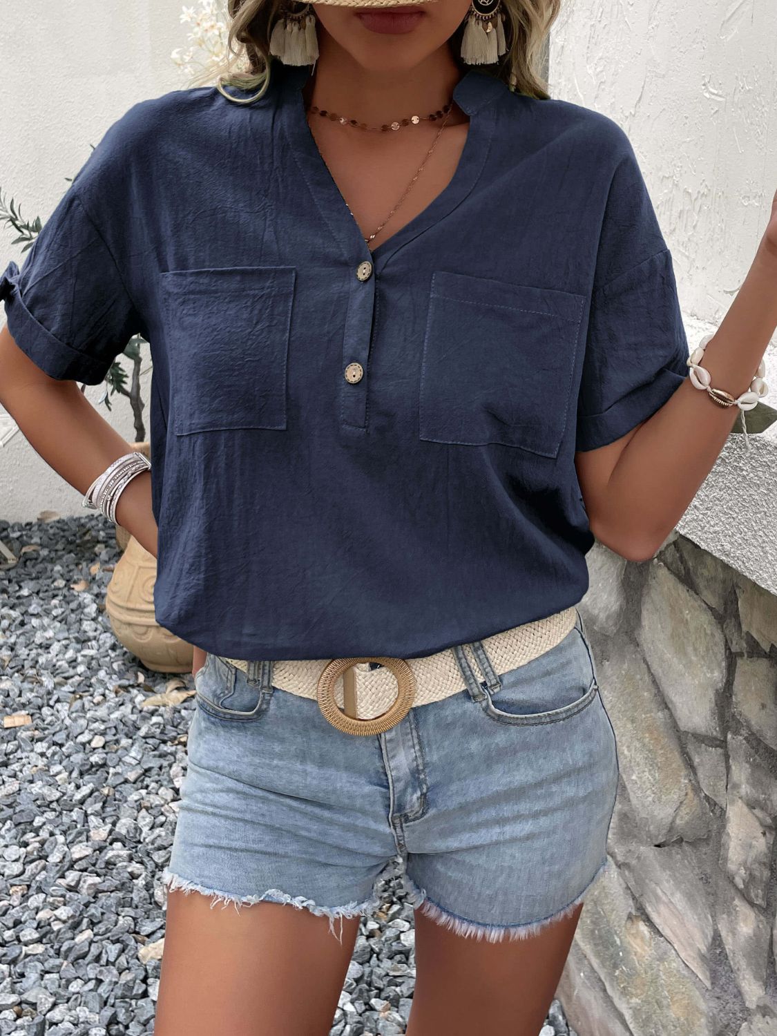 Perfee Buttoned Notched Neck Cuffed Sleeve Blouse, view 3