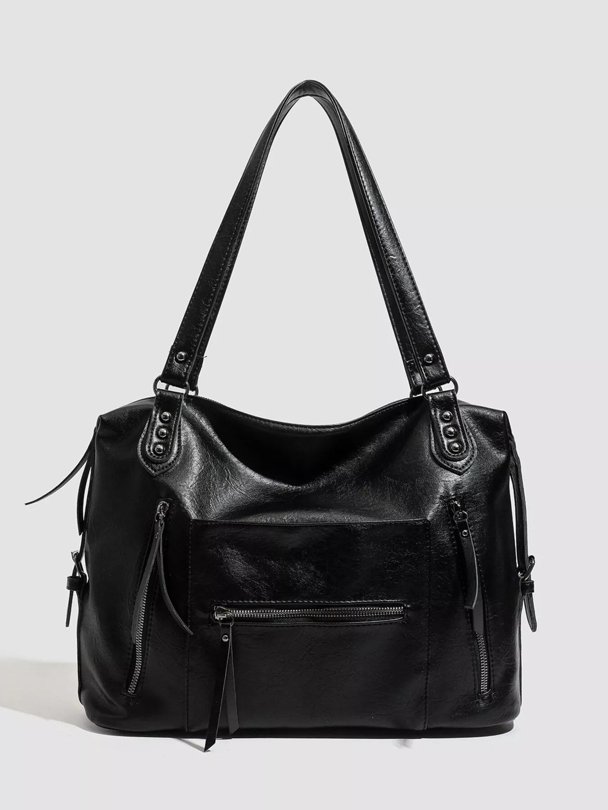 Multi-Pocket Zippered Shoulder Bag in Black, view 6